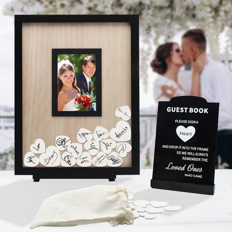 Wedding Guest Book, Drop Top Frame Sign Book With Wooden Hearts Wedding Decor, Guest Book For Wedding, Memory Box, Bulletin Board Decor, Wedding Message Board Photo Frame, Guest Book Alternatives, Suitable For Weddings Baby Showers, Birthday Party, Graduations, Retirement Gift, Wedding Anniversaries, School Supplies, School Essentials - 黑色 - 查看 1