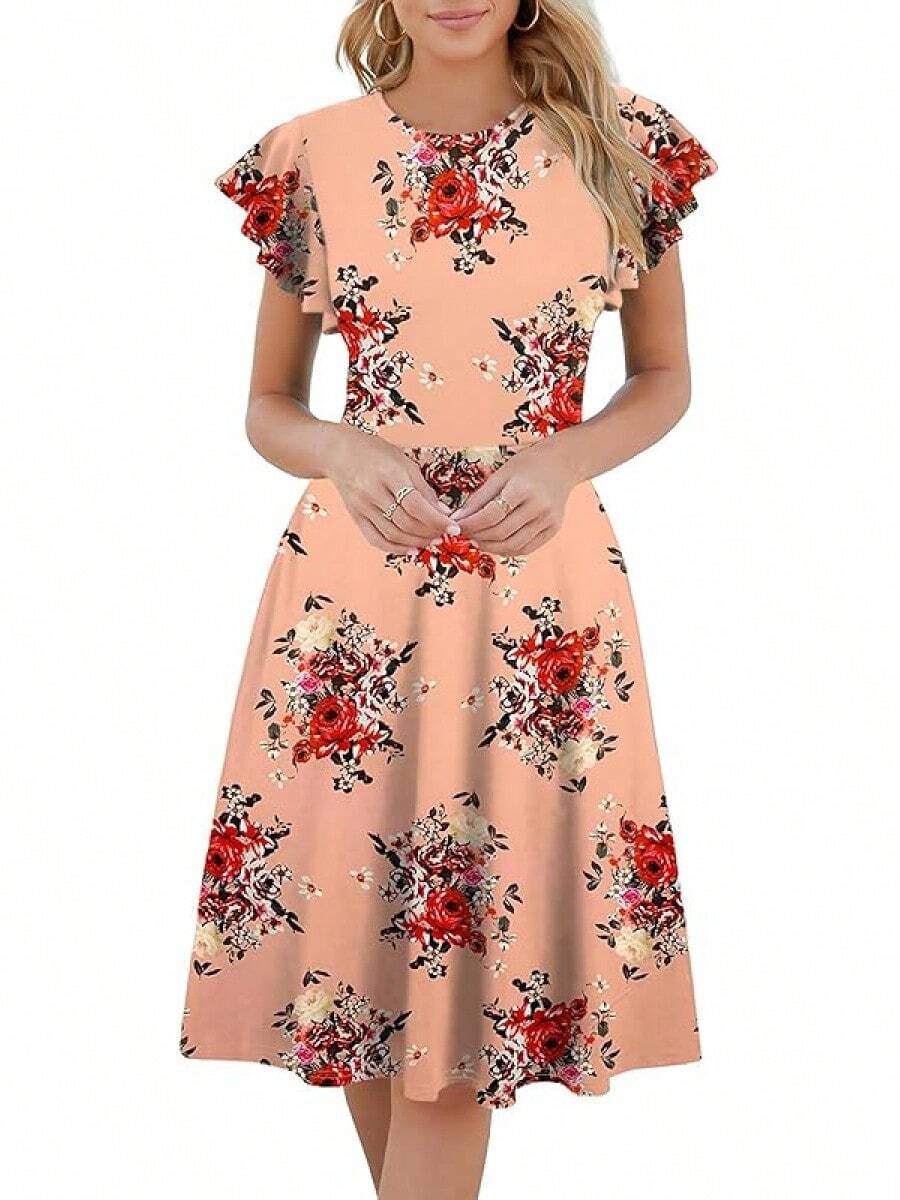Women's Semi-Formal Ruffle Sleeve V-Back Work Fit And Flare Cocktail Knee Length Dress With Pockets, 2025 Style - Pink Floral - 查看 1