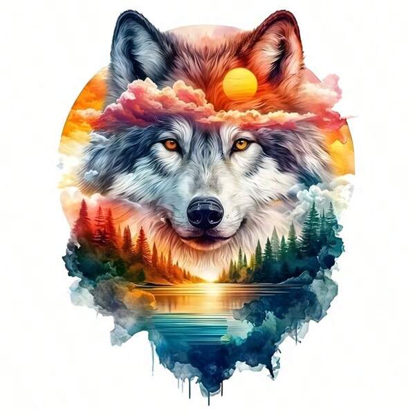 3pcs/4pcs/Colorful Wolf Head Sunrise Forest River Impression Painting Style Clothes With Patches DIY A-Level Washable Stickers Clothes Heat Transfer Stickers Women's/Men's T-Shirts Backpacks Pillows Decorative Badges Tags Baseball Hats Backpacks, Etc