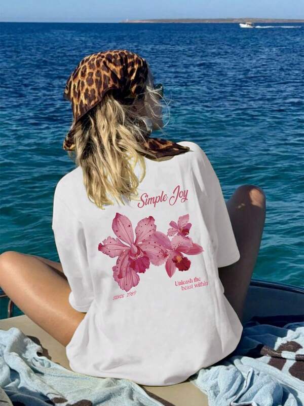 Camiseta de mujer de manga corta con cuello redondo y estampado floral gráfico, camiseta de verano informal