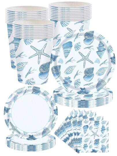 Blue White Coastal Seashell Disposable Tableware Set - 10Pcs 9/7" Plates, 9oz Cups & Napkins For Beach Party, Birthday, Picnic & BBQ Decor