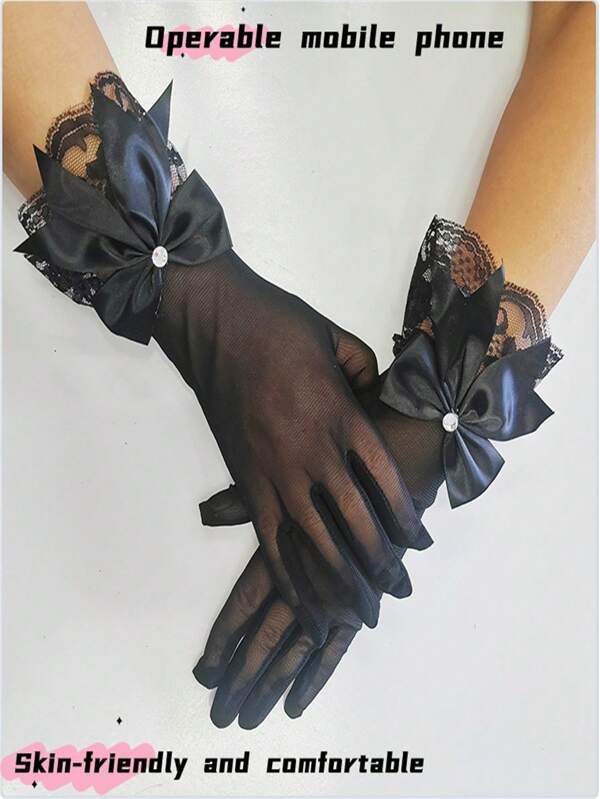 Un guante corto sólido de hilo con diseño de recorte de encaje, adecuado para los guantes de dedo completo de la novia de boda, guantes de encaje delgados, adecuado para el estilo corto de las damas, guantes de novia de boda blanco y negro