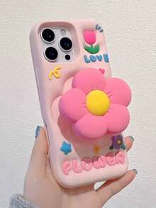 可爱花朵 3D 硅胶软手机壳带支架，全保护防摔外壳，兼容 15/16 Pro Max/15 Pro、13/14/14 Pro/16/12/11 防水防震防刮 - 粉色 - 查看 3