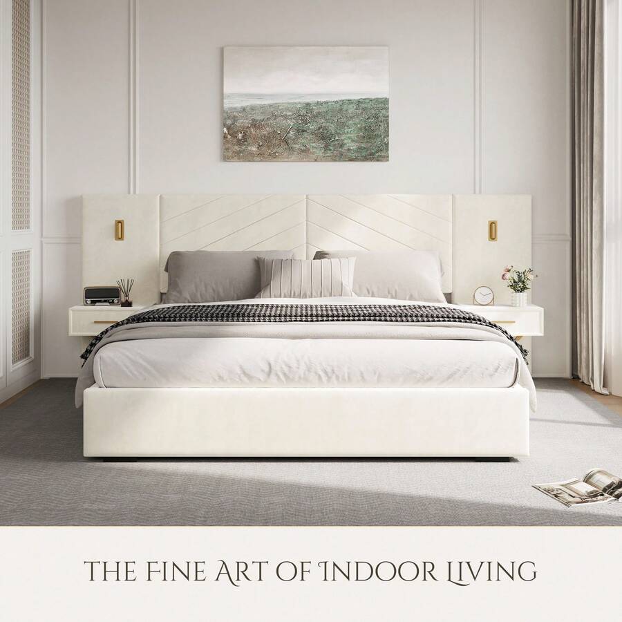 Olodumare Modern Luxury King/Queen Size Velvet Bed Frame With Vertical Channel Tufted Wingback Headboard, Upholstered Platform Bed Frame With Strong Wooden Slats & No Box Spring Needed, Elegant Bed Frame For Adults, Heavy Duty 800lbs Capacity, Easy Assembly, 8-12 Inch Mattress, Elegant Bedroom Furniture (Beige/Charcoal Black/Burgundy/Olive Green) - 米色 - 查看 1