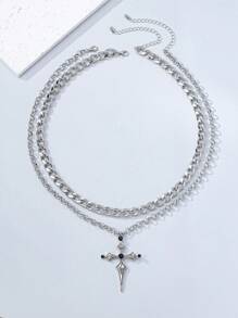 Set de collar de múltiples capas con colgante de cruz, de estilo punk a la moda para hombres, adecuado para vacaciones/viajes