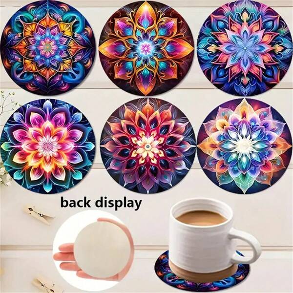 6pcs Colorful Mandala Wood Coasters - For Coffee, Tea And Beverages - Ideal Tabletop Protection For Christmas, Halloween, Easter, Valentine's Day