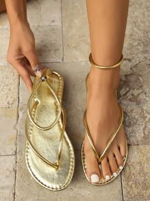 Sandalias de dedo simples para adolescentes, sandalias planas cómodas y a la moda en negro, oro, plata, talla grande
