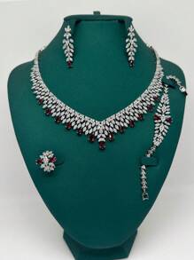 5 pièces/Set Ensemble de bijoux de mariage de luxe pour mariée, femme, fête - Collier, boucles d'oreilles, bracelet, bague, cubique zircone, bleu, blanc, noir, rouge. Idéal pour la fête des mères, la Saint-Valentin