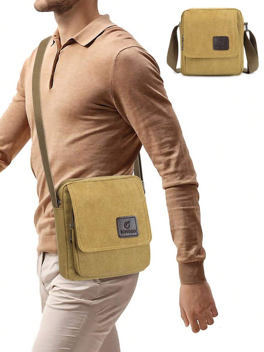 Men's Canvas Shoulder Bag Small Crossbody Messenger Purse Zip Pocket With Adjustable Strap - Khaki - View 1