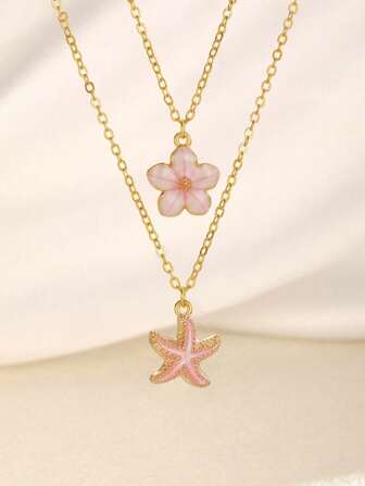 2pcs/Set Exquisite Stylish Sweet Five-Petal & Starfish Pendant Clavicle Necklace For Women Summer Beach Vacation Party Holiday Travel Jewelry Accessory For Daily Wear