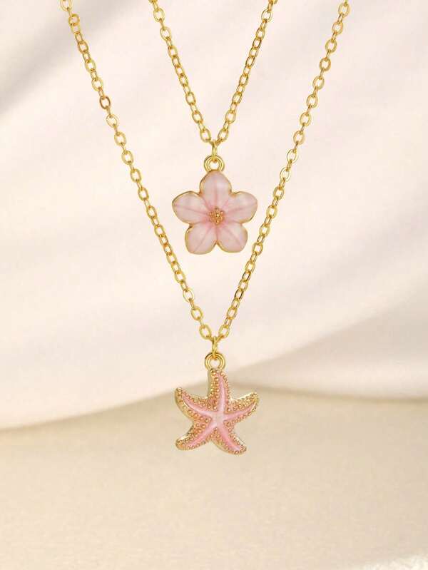 2pcs/Set Exquisite Stylish Sweet Five-Petal & Starfish Pendant Clavicle Necklace For Women Summer Beach Vacation Party Holiday Travel Jewelry Accessory For Daily Wear
