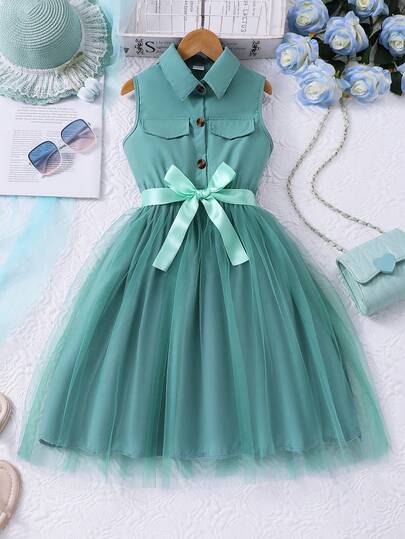 Young Girl' Solid Color Sleeveless Collared Mesh Dress With Fabric Belt