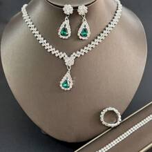 Conjunto de 3 peças de colar de cristal de metal prateado feminino, brincos, conjunto de joias de pulseira, acessório de casamento para noiva