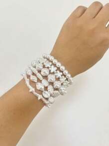 6pcs Fashion Charm Teenage Ocean Series Conch Shell Starfish Faux Pearl Beaded Bracelet, Multilayer Elastic Rope Elegant Bracelet Accessories