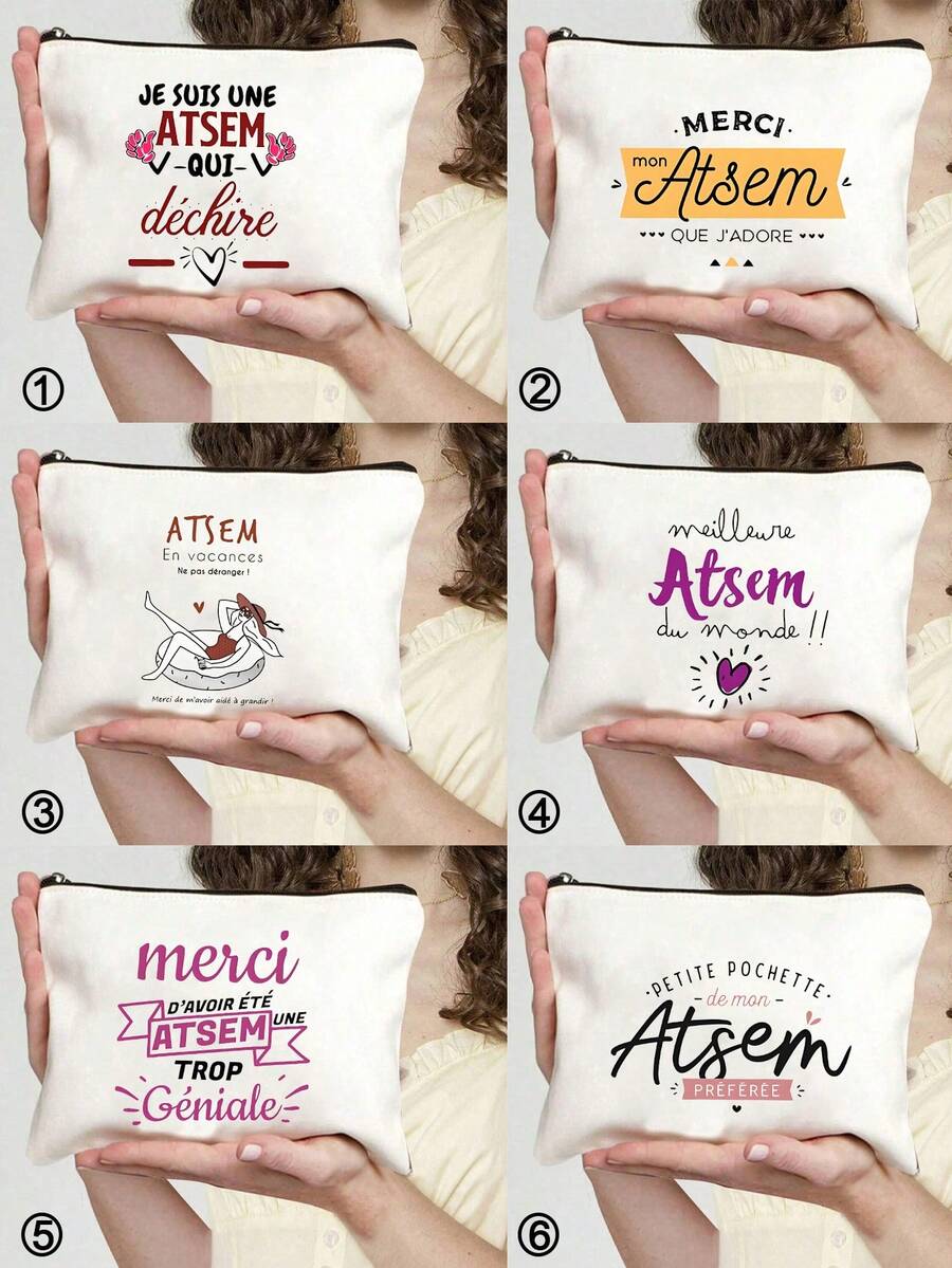 1 件“我是世界上最好的 Atsem”法式图案化妆包 - 轻便可折叠洗漱用品收纳袋，带拉链封口，防褪色旅行化妆包，男女教师节礼物（白色），洗漱用品旅行包，时尚拉链袋，防褪色材质，耐用拉链封口旅行必需品假期暑假返校学校用品包女士旅行包化妆包