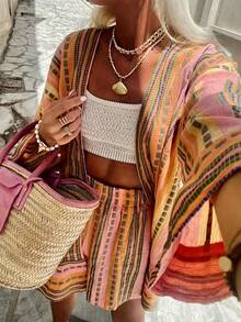 2pcs Fashion Allover Print Loose Top & Shorts Set, All Over Striped Bohemian Woven Fabric, Elegant Casual Vacation Outfit, Suitable For Spring & Summer