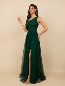 MOEVIO 蕾丝网纱A字露背长款正式晚礼服，优雅毕业礼服，女士舞会礼服，婚礼宾客礼服，女士生日礼服，端庄秋季礼服 - 墨綠色 - 查看 7