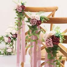 2 Piece Wedding Party Chair Decoration, With Artificial Eucalyptus And Ribbon Wedding Aisle Decor, Purple Peony Flower