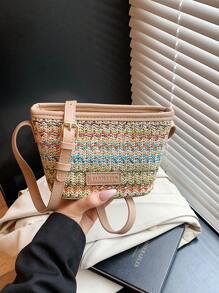 Bolso de cubo de estilo callejero y vacacional tejido de colores, bolso versátil para el hombro para mujeres
