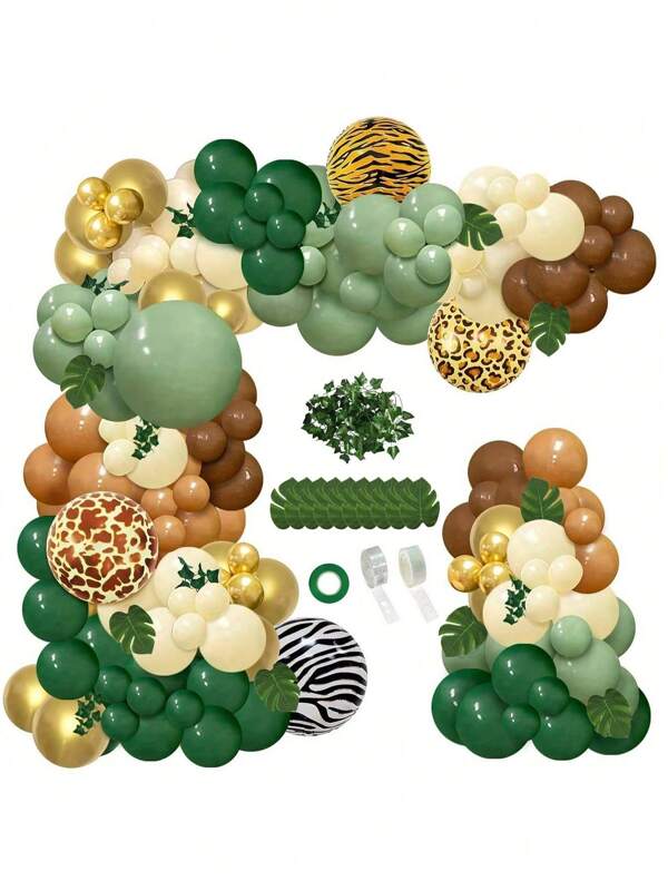 142pcs Jungle Wild One Balloon Arch Garland Kit, Green & Brown Balloons With Animal Prints, Palm Leaves For Woodland Tropical Birthday Party Shower Decor
