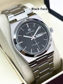 Reloj de pulsera de negocios para hombres Pablo Raez, marca genuina, encantador, accesorio de joyería de lujo de marca nueva AAA, correa de acero inoxidable, caja de plata retro, esfera degradada verde, resistente al agua 50M, calendario simple y exhibición del día, reloj de cuarzo de moda casual de metal para hombres, excelente para regalo de graduación o boda