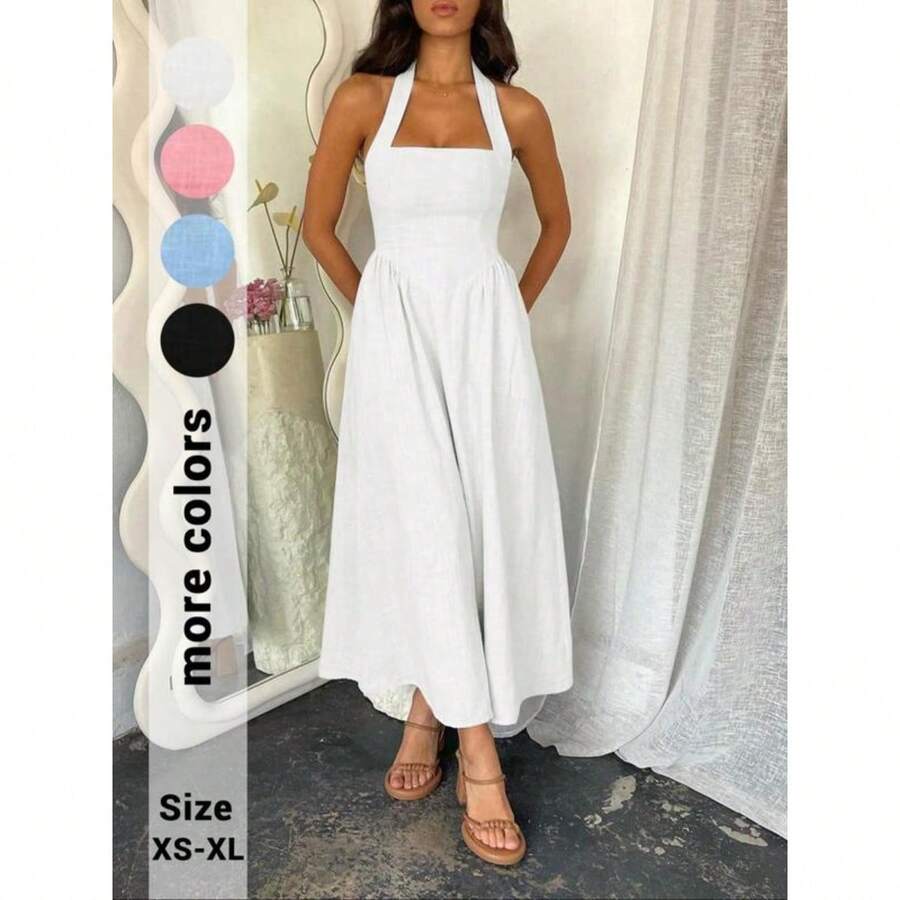 Women's Plain Pocket Zipper Back Dress, Casual Sleeveless Halter Neck A Line Dress For Summer, Ladies Clothes For Beach Holiday, Minimalist Womenswear, Backless Dress, Sundress - 白色 - 查看 1