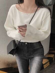 女士百搭纯色长袖套头衫 - 白色 - 查看 4