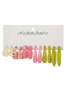 12pcs/Set Boho Style Acrylic Resin C-Shape Round Geometric Waterdrop Earrings, Suitable For Women's Daily Wear, Summer Beach Holiday, Gift