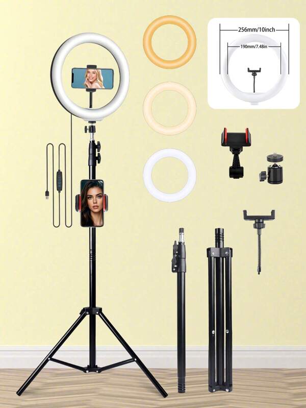 UEGOGO 10/12 Inch Selfie Ring Fill Light, Tripod With 42cm Extension Up To 160cm, With Two Phone Clips, USB Power Supply, Adjustable Brightness, 3 Lighting Effects, For Live Broadcast, Make-Up, Video Recording, Meetings, Portable Fill Light LED Lights