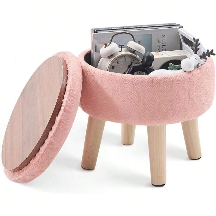 Round Footstool Ottoman Rabbit Wool Mushroom Stool Solid Wood Stool Small Upholstered Ottoman Shoe Changing Foot Stool Step Stool Sofa Footrest Stool For Living Room StoragePink-ZYGSOME - Storage-pink - View 1