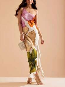 Women's One Shoulder Long Cami Dress Sleeveless Flower Print Beach Holiday Dresses - 黃色 - 查看 3