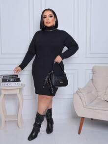 Women's Plus Size Dress Long Sleeve High Neck Elegant Premium Ribbed Fabric - Black - View 5