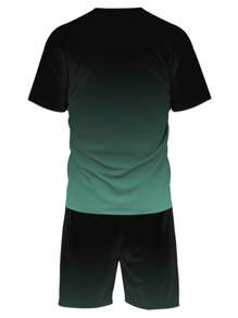 Herren 2-teiliges Lässig Outfit, Grüner Farbverlauf Buchstaben Muster Kurzarm T-Shirt + Kordelzug Sport Shorts, Sommer Herren Outdoor Rundhals Sportbekleidung Set