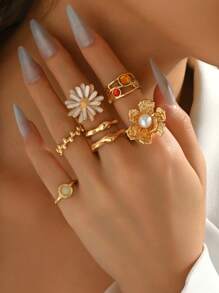 6pcs/Set Vintage Coin Adjustable Rings Set, Fashion Drip Glaze Floral With Faux Pearl Decoration, Women Jewelry Accessories Suitable For Daily Wear, Dates, Parties, Travel And Photo Taking