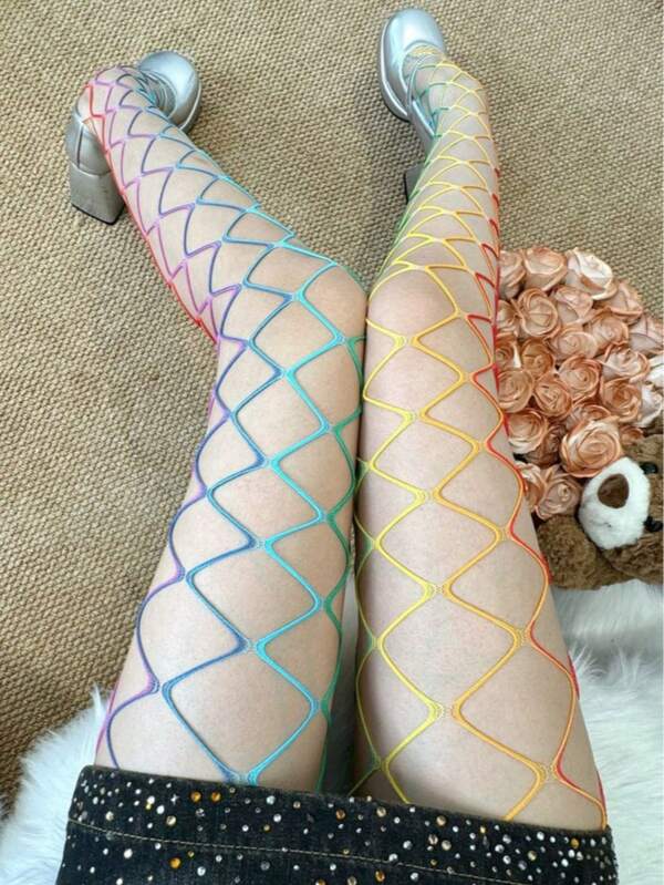 1 Pair Plus Size Women Colorful Fishnet Stockings, Hollow Rainbow Mesh Thigh High Stockings, Sexy Lingerie For Daily Gathering/Couple Date/Holidays