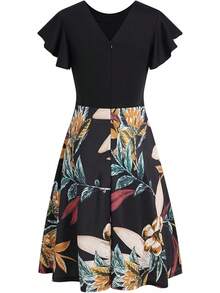 Women's Semi-Formal Ruffle Sleeve V-Back Work Fit And Flare Cocktail Knee Length Dress With Pockets, 2025 Style - 黑黃 - 查看 4