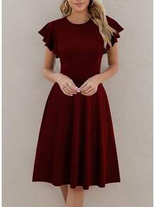 Women's Semi-Formal Ruffle Sleeve V-Back Work Fit And Flare Cocktail Knee Length Dress With Pockets, 2025 Style - 勃根地 - 查看 5