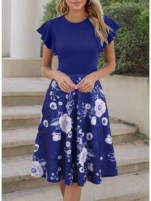 Women's Semi-Formal Ruffle Sleeve V-Back Work Fit And Flare Cocktail Knee Length Dress With Pockets, 2025 Style - 皇家花卉 - 查看 6