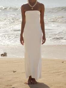 Satin Silk Strapless Maxi Dress For Women Off Shoulder Backless Elegant Tube Top Long Dresses Wedding Guest Formal Bodycon Dress - 杏色 - 查看 5