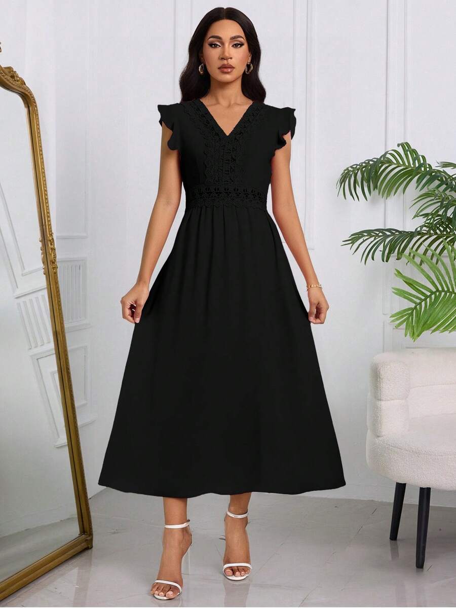 Elegante Vestido Largo Para Mujer Bordado Calado Con Mangas De Hojas De Loto,Vestido Unicolor De Empalme De Encaje Con Cuello En V Y Hueco De Talle Alto - Negro - Ver 1