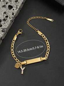 Personalized Custom Engraved Name Bar Bracelet Gold Figaro Chain With Heart & Rhinestone Initial Letter Charms Custom Text Adjustable Wristband Jewelr - Gold - View 11