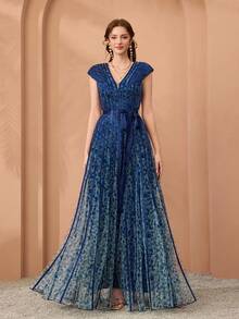 神奇新款V领印花网纱喇叭袖系带长款连衣裙，高端晚礼服