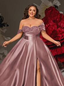 VIPGIRL Pink Sequin Satin One Shoulder Formal Dress For Women With High Slit, Elegant Plus Size Evening Gown, Long Prom Dress, Wedding Guest Dress, Luxury Party Dress, Glamorous Cocktail Dress, Dresses For Women Formal, Plus Size Gown