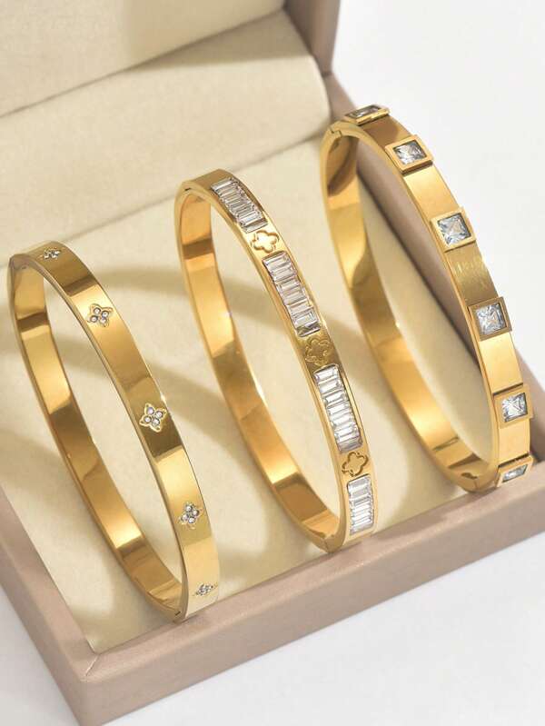 1/3 Stücke wunderschönes, modisches und elegantes Set mit quadratischen Strass-Kleeblatt-Zirkoniarmbändern, 18 Karat vergoldet, spiegelpoliert, vakuumbeschichtet, wasserdicht und nicht leicht verblassend aus Edelstahl, Schmuckset für Frauen, geeignet für Frauentreffen