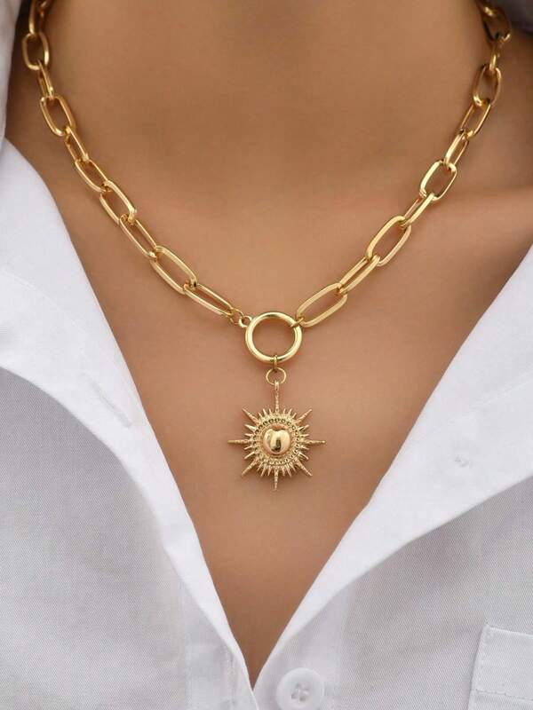 1pc Minimalist Vintage Gold-Color Sun Pendant OT Clasp Chain Necklace