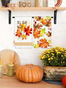 2Pcs 15.7"X23.6" Autumn Maple Leaf Design Kitchen Towel & Dish Cloth Set, Nordic Style, Versatile For Cleaning & Decor, Suitable For Thanksgiving, Fall Home Essentials - Multicolor - View 5