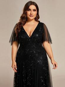 Plus Size Elegant Ruffle Sleeve Sequin Formal Dress, Black Evening Gown For Party - Black - View 5