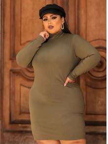 Women's Plus Size Dress Long Sleeve High Neck Elegant Premium Ribbed Fabric - Army Green - View 2