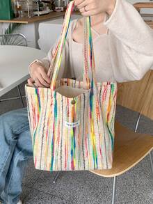 新款秋冬女士羊毛单肩包，时尚彩虹条纹休闲大容量手提包，适合大学生、高中生、办公室通勤、购物、旅行、健身、百搭穿搭 - 杏色 - 查看 5