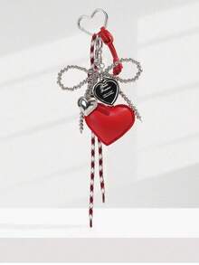 少女心银珠蝴蝶结包饰心形皮革钥匙扣吊坠可爱背包装饰蝴蝶结 - 酒紅色 - 查看 2